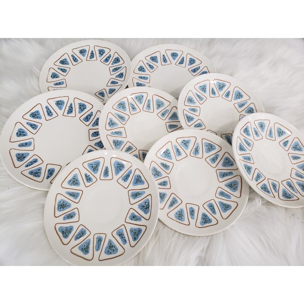 RARE 1950s Vintage Royal China Dinner Plates Atomic MCM blue brown‎ SET OF 8 lot
